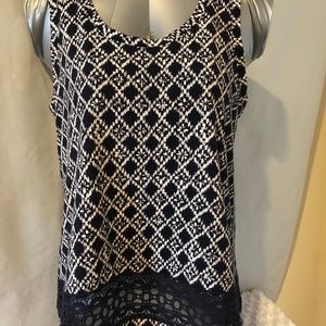 LOFT Lace Trimmed Navy and White Tank
